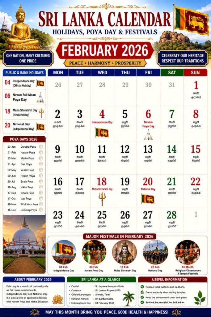 Sri Lanka Calendar February 2026