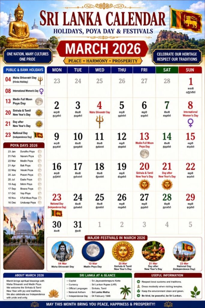 Sri Lanka Calendar March 2026