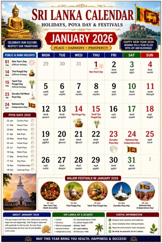Sri Lanka Calendar January 2026
