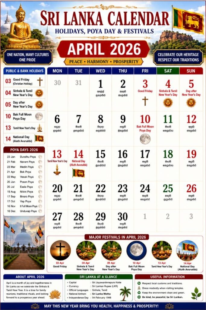 Sri Lanka Calendar April 2026