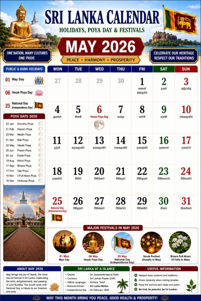 Sri Lanka Calendar May 2026