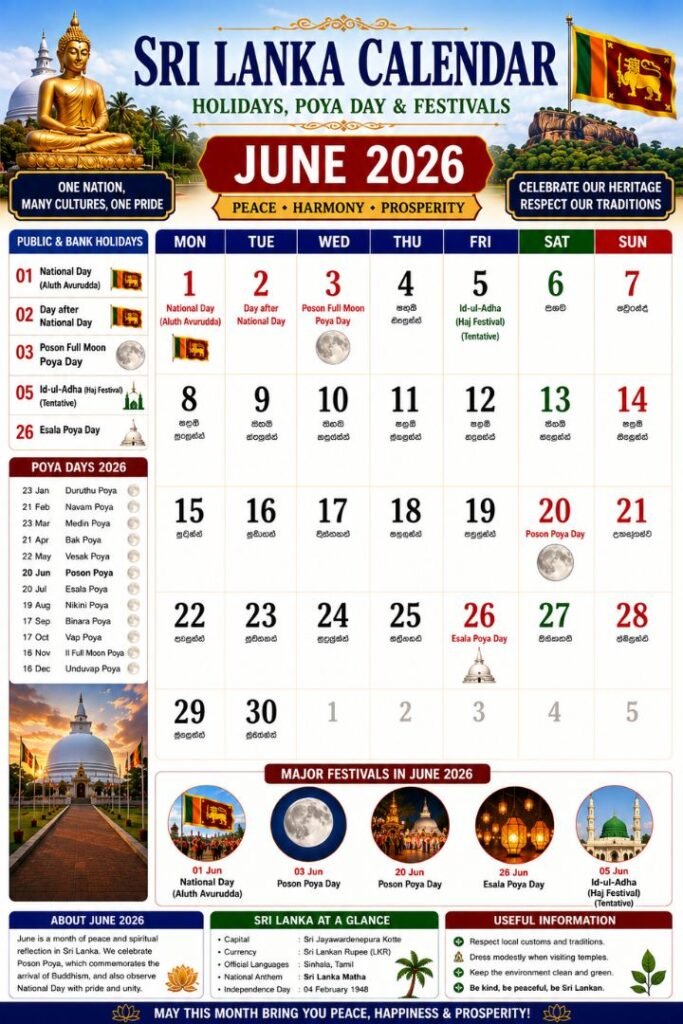 Sri Lanka Calendar June 2026
