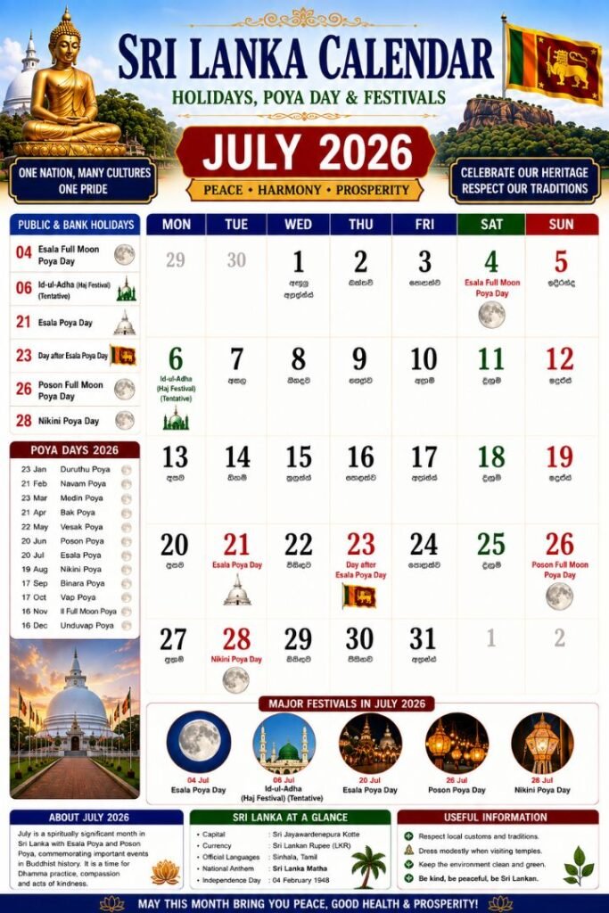 Sri Lanka Calendar July 2026