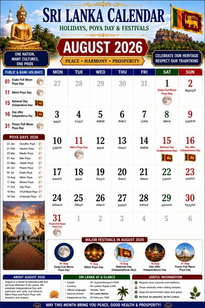 Sri Lanka Calendar August 2026