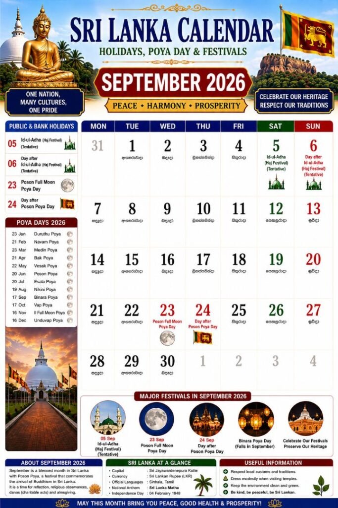Sri Lanka Calendar September 2026