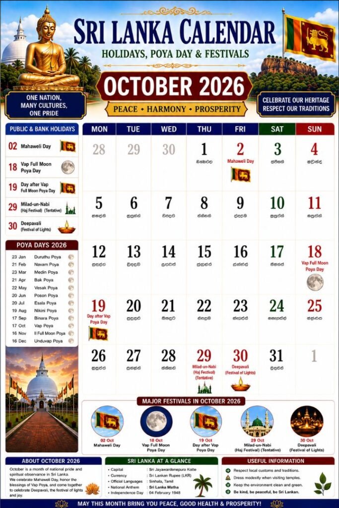Sri Lanka Calendar October 2026