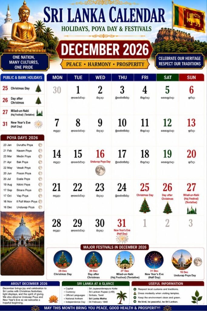 Sri Lanka Calendar December 2026